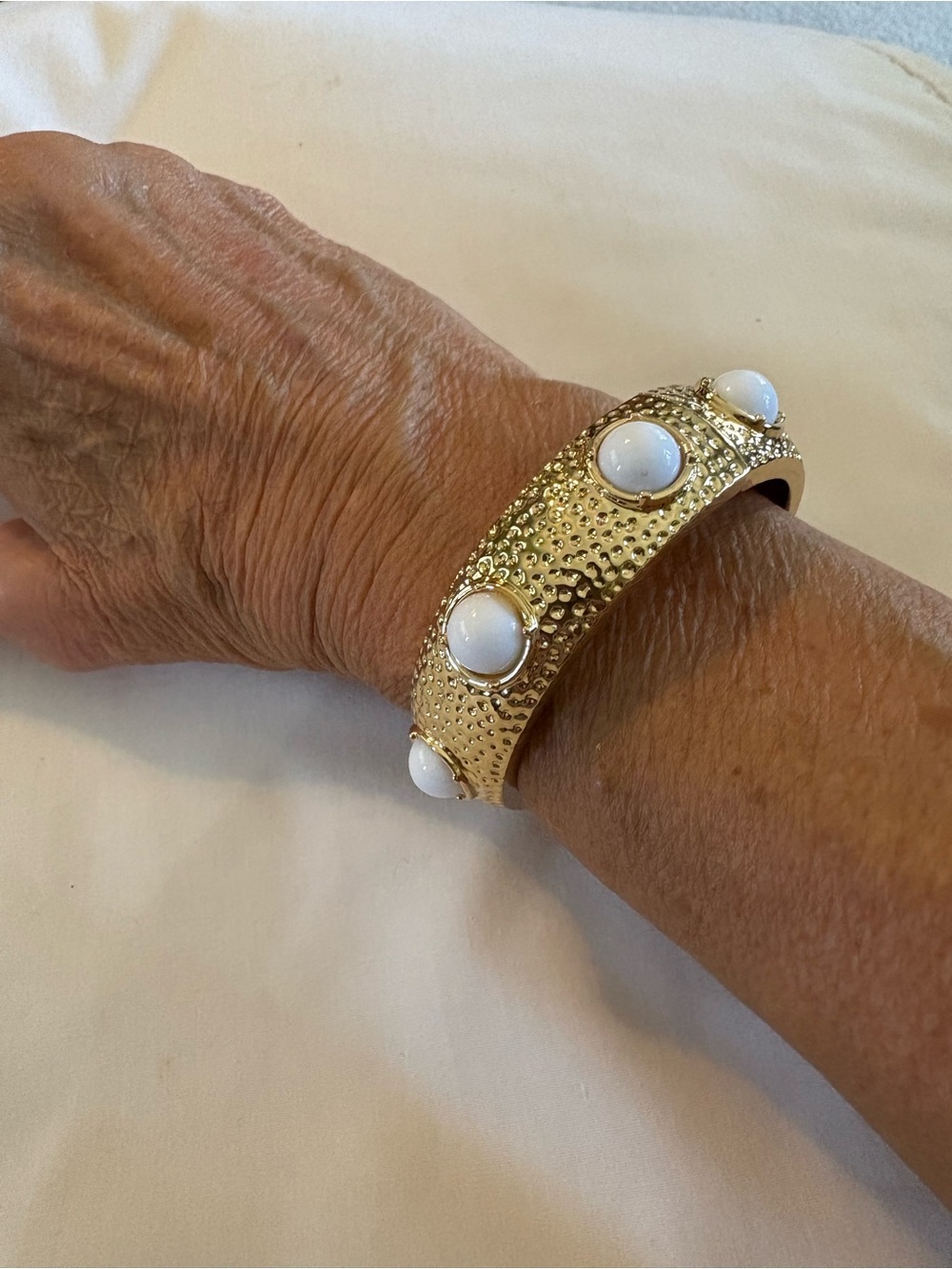 Source Unknown Gold Hammered Cuff with White Cabochons